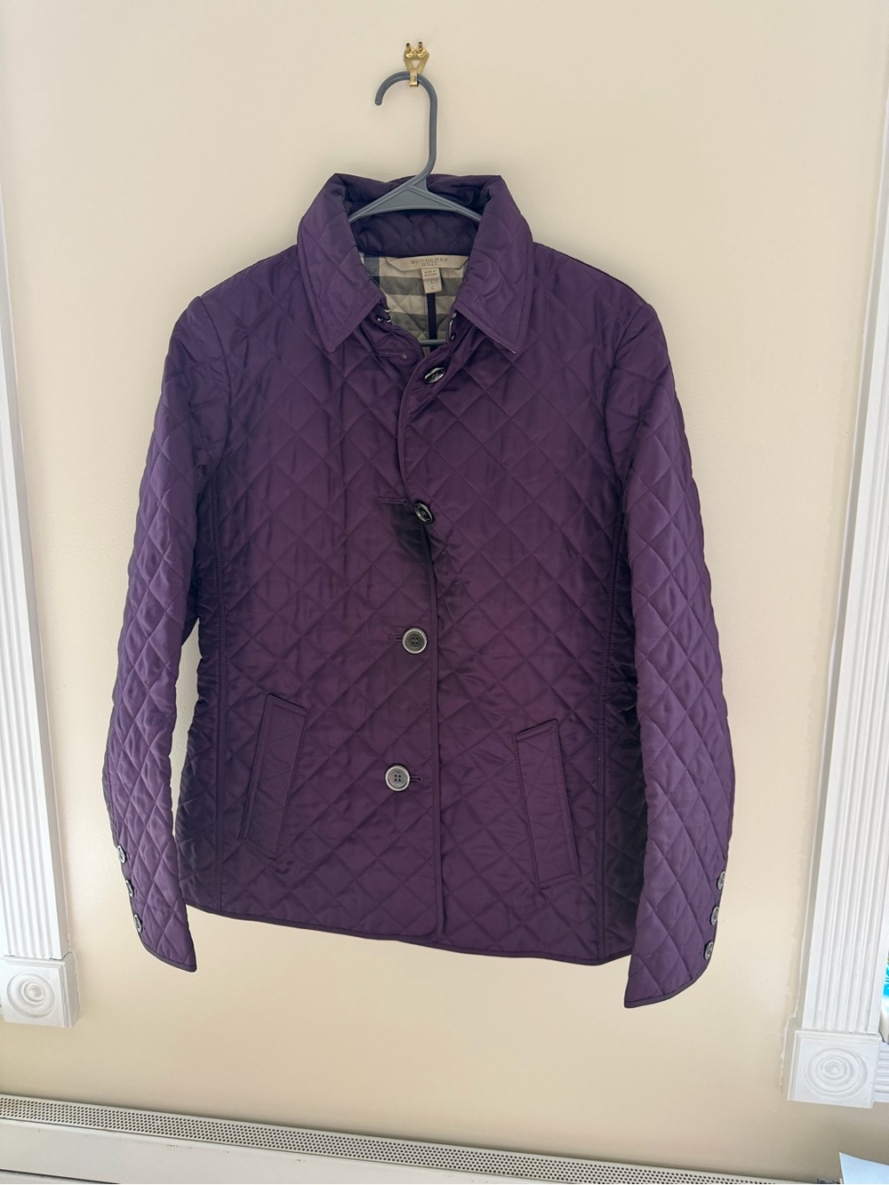 Burberry Quilted Purple Puffer Coat with Silver Buttons